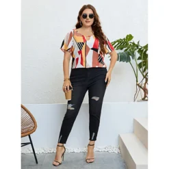 Summer Round Neck Contrast Color Loose Breathable Top -Plus Size Dresses Shop d045d4113d236da7