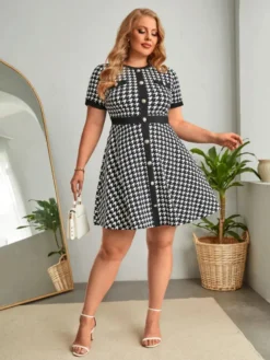 Plus Size Women Houndstooth Print Button Short Sleeve Round Neck Dress 12 Plus Size Women Houndstooth Print Button Short Sleeve Round Neck Dress -Plus Size Dresses Shop d078a1a0db1cde2d
