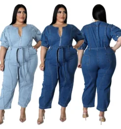 Plus Size Women Summer Short Sleeve Zipper Fashion Washed Denim Jumpsuit -Plus Size Dresses Shop d1468e9d9a687c94