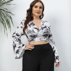 Plus Size Women Tie Dye Print Lace-Up Deep V Bell Bottom Sleeve Long Sleeve Crop Top -Plus Size Dresses Shop d14e4dc09a71f134