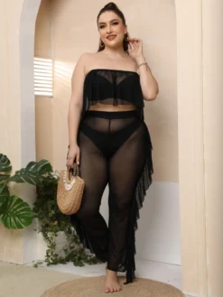 Plus Size Women Beach Holidays Beach Sexy See-Through Mesh Top And Ruffle Pants Two-piece Set