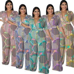 Plus Size Women Clothes Short Sleeve Deep V Neck Print Fashion Casual Multi Color Jumpsuit -Plus Size Dresses Shop d247887def6a0f85