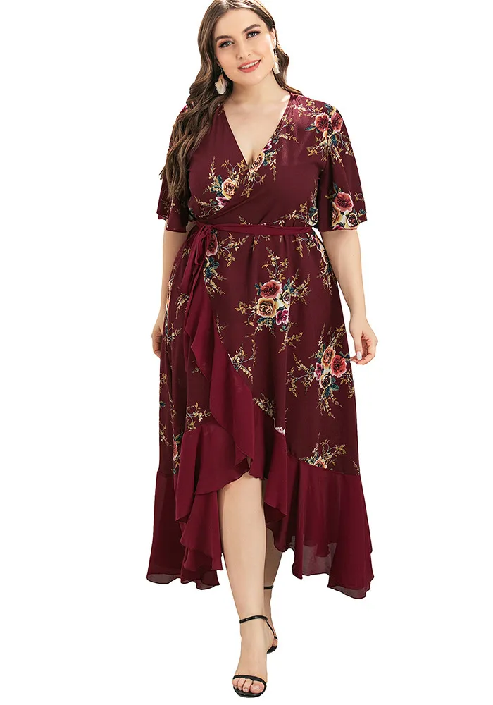Plus Size Women's Summer V-neck Ruffled Irregular Print Dress 4 Plus Size Women's Summer V-neck Ruffled Irregular Print Dress - Image 2