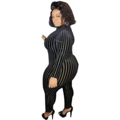 Plus Size Women'S Mesh Flocked Stripe Tight Fitting Zip Long Sleeve Jumpsuit -Plus Size Dresses Shop d5229123bea463e1