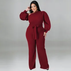 Plus Size Women Solid Balloon Sleeve Slash Shoulder Belted Jumpsuit -Plus Size Dresses Shop d65cef561f8ac323