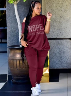 Women Summer Burgunry Casual Slash Neck Short Sleeves Letter Print Button Top Plus Size Two Piece Pants Set -Plus Size Dresses Shop d706f9fcb15b06f4