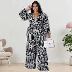 Plus Size Women'S Print Long Sleeve Wrap Wide Leg Jumpsuit -Plus Size Dresses Shop d72886018206573e
