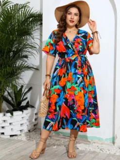 Plus Size V-Neck Printed Dress Beach Holidays Beach Loose Long Dress -Plus Size Dresses Shop d741a21d396d1495