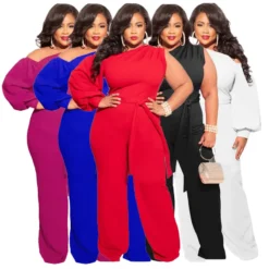Fall Plus Size Women'S Slash Shoulder Single Sleeve Wide Leg Jumpsuit With Belt -Plus Size Dresses Shop d7cb6548bc1b6acc