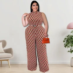 Plus Size Women Clothes Elegant Plaid Stand Collar Sleeveless Wide Leg Jumpsuit -Plus Size Dresses Shop d7d17d225767924f