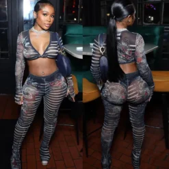 Plus Size Women Spring And Summer Sexy Lace Long Sleeve Top And Printed Pants Two-piece Set -Plus Size Dresses Shop d81f27f4932b4e6e