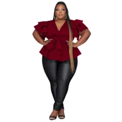 Plus Size Women's Casual Versatile V-Neck Ruffle Sleeve Pleated Shirt -Plus Size Dresses Shop d87a363277cce677