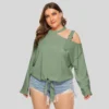 Plus Size Women's Clothing Fat Size Mm Summer Shoulder Strap Decoration Solid Color Top Bow Knot Long Sleeve Slash Shoulder T-Shirt