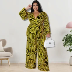 Plus Size Women'S Print Long Sleeve Wrap Wide Leg Jumpsuit -Plus Size Dresses Shop d9acbf940396a8cf