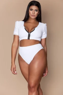 Plus Size Women Solid Zip Half Sleeve Bikini Swimwear -Plus Size Dresses Shop da1def810e1fa7b3