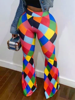 Plus Size Women Square Print Bell Bottom Pants