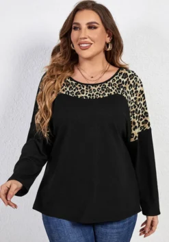 Trendy Chic Leopard Print Long Sleeve Round Neck Plus Size Top Women -Plus Size Dresses Shop da214f88752a5de6