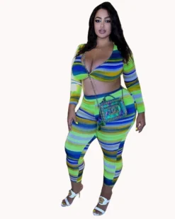 Plus Size Women Sexy Printed Striped Long Sleeve Top And Pants Two-piece Set -Plus Size Dresses Shop da2966e4fc83ae35