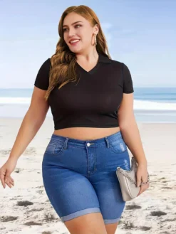 Summer Ripped Denim Shorts Stretch Plus Size Knee-Length Shorts -Plus Size Dresses Shop dacd7ef1919d53c0