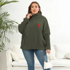 Heart Print Sticker Plus Size Women's Solid Turtleneck Woven Sweater Oversized Pullover Women's Top -Plus Size Dresses Shop db1efd4b67be17ef
