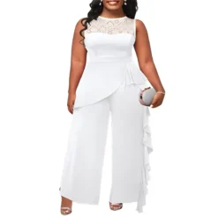 Plus Size Women Solid Career Lace Loose Jumpsuit -Plus Size Dresses Shop db831aae6e2c3ab0