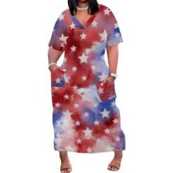 Women's Printed V-Neck Short-Sleeved Loose Pocket Dress -Plus Size Dresses Shop dbc51c4ab33e2262