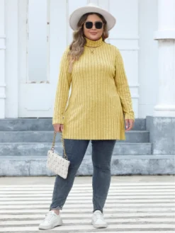 Women's Tops Plus Size Women's Turtleneck Slim Fit Basic Shirt Ribbed Slit Midi T-Shirt -Plus Size Dresses Shop dc2483487736129f