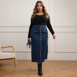 Plus Size Women Denim Button Fake Pocket Skirt -Plus Size Dresses Shop dc53d1078772d8b3