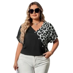 Summer Casual Top Contrast Color Leopard Patchwork Loose Short Sleeve V-Neck Shirt -Plus Size Dresses Shop dc778e37d5cc34ee