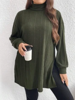 Plus Size Women High Neck Slit Knitting T-Shirt -Plus Size Dresses Shop dcf3cfc449d546b1