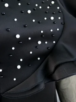 Women See-Through Mesh Beading Ruffle Edge Dress