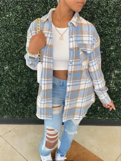 Women'S Fall/Winter Turndown Collar Button Pocket Long Sleeve Plus Size Shirt Jacket