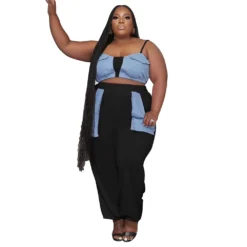 Plus Size Women's Style Patchwork Flap Pocket Loose Lace-Up Telemotion Casual Set -Plus Size Dresses Shop de31078f16dced36