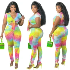 Plus Size Women Tie Dye Gradient Print Lace Up Sexy Crop Top+ Pant Two Piece -Plus Size Dresses Shop de5534bc85a1d9fb