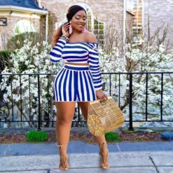 Women's Spring Striped Off Shoulder Long Sleeve Fashion Plus Size Casual Set -Plus Size Dresses Shop deb3d0233c6bc24c