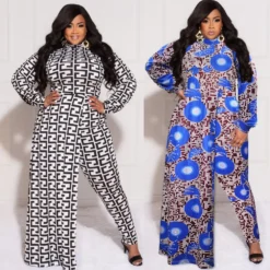 Plus Size Women's Long Autumn Print Fake Two-Piece Jumpsuit