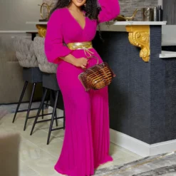 Summer V-Neck Sexy Lace-Up Pleated Wide Leg Plus Size Jumpsuit -Plus Size Dresses Shop decee539d40035d6