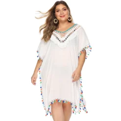 Plus Size Women's Irregular Hook Patchwork Multi-Color Tassel Deep V Sexy Loose Plus Size Beach Cover Up -Plus Size Dresses Shop dededc96528c8a7d