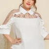Spring Summer Plus Size Women's Chic Turndown Collar See-Through Embroidered Patchwork Ruffle Edge Half-Sleeve Shirt -Plus Size Dresses Shop df1f3d3dbc2fd2de