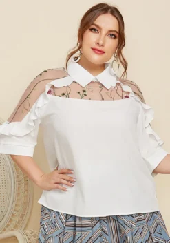Spring Summer Plus Size Women's Chic Turndown Collar See-Through Embroidered Patchwork Ruffle Edge Half-Sleeve Shirt