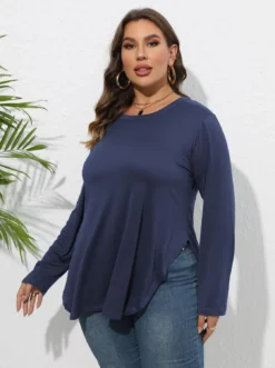 Plus Size Women Long Sleeve Solid Casual Cropped T-Shirt -Plus Size Dresses Shop df4ed27b69dac456