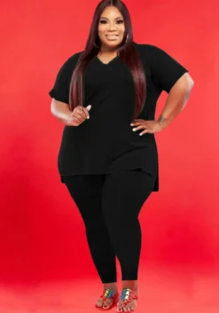 Plus Size Solid Color V-neck Short Sleeve Two Piece Pants Set -Plus Size Dresses Shop df5a802df0480f12