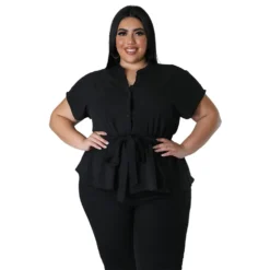 Plus Size Women Solid Belt Short Sleeve Shirt -Plus Size Dresses Shop dff6d12565ed45ac
