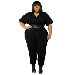 Spring Plus Size Women'S Solid Short Sleeve V-Neck Jumpsuit