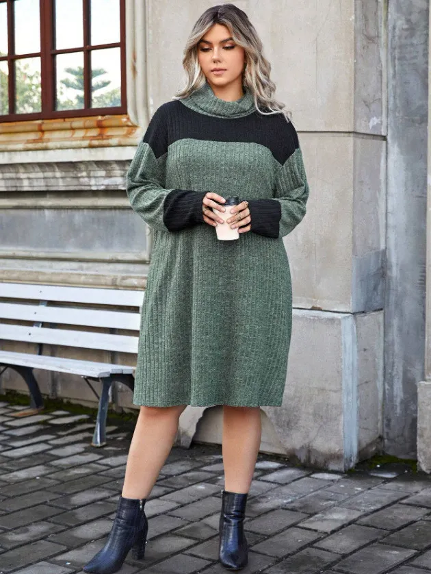 Plus Size Women High Neck Knitting Color Block Loose Casual Dress 8 Plus Size Women High Neck Knitting Color Block Loose Casual Dress - Image 6