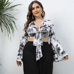 Plus Size Women Tie Dye Print Lace-Up Deep V Bell Bottom Sleeve Long Sleeve Crop Top -Plus Size Dresses Shop e07071899ba44775
