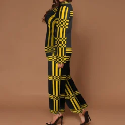 Plus Size Women Stand Collar Striped Long Sleeve Top And Straight Pants Two-piece Set