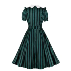 Women Striped Peter Pan Collar Lace-Up Puff Short Sleeve Vintage Dress -Plus Size Dresses Shop e128e409b865426a