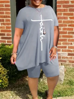 Summer Round Neck Loose Short Sleeve Print Plus Plus Size Two Piece Set -Plus Size Dresses Shop e15b5e5fffe1d117