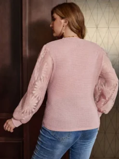 Plus Size Women's Color Block Puff Sleeve Waffleknitting Top -Plus Size Dresses Shop e1978243902d9bef